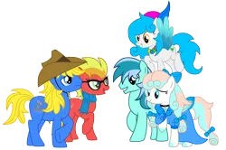 Size: 7179x4763 | Tagged: safe, artist:cosmas-the-explorer, artist:third uncle, derpibooru import, oc, oc:golden horizon, oc:lin xue, oc:third uncle, oc:xing meng, oc:小麦子, unofficial characters only, earth pony, pegasus, pony, derpibooru community collaboration, 2023 community collab, clothes, colored wings, cowboy hat, derpibooru exclusive, dress, female, flying, hat, image, jewelry, looking at each other, looking at someone, male, mare, png, simple background, spread wings, stallion, transparent background, wings