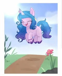 Size: 1080x1334 | Tagged: safe, artist:pencil_draw_indo, derpibooru import, izzy moonbow, pony, unicorn, cute, eyes closed, female, g4, g5, g5 to g4, generation leap, image, izzybetes, jpeg, mare, movie accurate, open mouth, open smile, prancing, smiling, solo