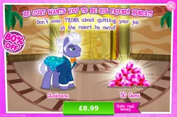 Size: 1956x1295 | Tagged: safe, derpibooru import, official, gladmane, earth pony, pony, advertisement, bowtie, cape, clothes, costs real money, english, gameloft, gem, image, jpeg, male, numbers, sale, solo, solo focus, stallion, suit, text