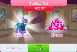 Size: 1262x859 | Tagged: safe, derpibooru import, official, gladmane, earth pony, pony, bowtie, bundle, cape, clothes, costs real money, english, gameloft, gem, image, jpeg, male, numbers, sale, solo, solo focus, stallion, suit, text