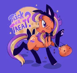 Size: 1918x1814 | Tagged: safe, artist:themagicbrew, derpibooru import, oc, unofficial characters only, earth pony, pony, bell, bell collar, bow, bowtie, candy, cat ears, cat socks, collar, food, full moon, halloween, holiday, image, jack-o-lantern, moon, png, pumpkin, pumpkin bucket, solo, stars, tail, tail bow, trick or treat, whiskers