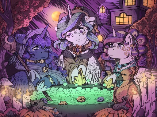 Size: 512x384 | Tagged: safe, artist:binibean, derpibooru import, princess cadance, princess celestia, princess luna, alicorn, pony, cauldron, female, halloween, holiday, image, jpeg, pumpkin, trio, witch