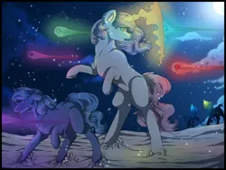 Size: 1280x960 | Tagged: safe, artist:binibean, derpibooru import, princess celestia, princess luna, pony, unicorn, glow, glowing horn, horn, image, jpeg, magic, race swap, unicorn celestia, unicorn luna, younger