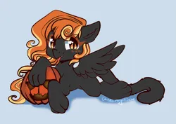 Size: 4961x3508 | Tagged: safe, artist:chaosangeldesu, derpibooru import, oc, cat, cat pony, original species, cat tail, cute, image, long mane, png, pumpkin, solo, spread wings, tail, tongue out, wings