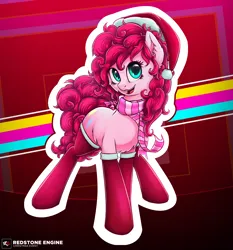 Size: 3500x3750 | Tagged: safe, artist:redstoneengine, derpibooru import, pinkie pie, earth pony, pony, belly fluff, cheek fluff, chest fluff, christmas, clothes, cute, diapinkes, ear fluff, female, hat, high res, holiday, image, mare, open mouth, outline, png, santa hat, scarf, socks, solo, stockings, thigh highs, white outline