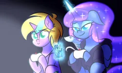 Size: 4800x2880 | Tagged: safe, artist:iceflower99, derpibooru import, princess luna, tiberius, oc, oc:buggy brush, unicorn, fanfic, gamer luna, clothes, controller, fanfic art, faygo, freckles, glow, glowing horn, hoodie, horn, image, levitation, magic, missing accessory, png, telekinesis, unicorn oc