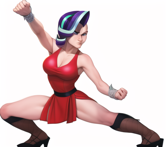 Size: 576x512 | Tagged: safe, derpibooru import, machine learning generated, novelai, stable diffusion, starlight glimmer, human, boots, breasts, cleavage, clothes, female, fighting stance, high heel boots, humanized, image, kung fu, martial arts, png, shoes, simple background, solo, white background