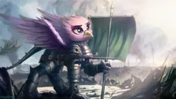 Size: 1920x1080 | Tagged: safe, artist:adagiostring, derpibooru import, oc, oc:rosa the ardent, gryphon, equestria at war mod, armor, armored gryphon, armored tail, awesome, banner, battlefield, beak, chainmail, cleric, cloud, cloudy, detailed, eyeshadow, female, flag pole, fog, gun, halberd, image, intersex, knight, makeup, pink fur, png, polearm, rifle, smoke, strawberry dutchy, sunlight, talons, tank traps, tree, weapon, wings