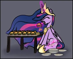 Size: 2925x2350 | Tagged: safe, artist:sadfloorlamp, derpibooru import, princess twilight 2.0, twilight sparkle, twilight sparkle (alicorn), alicorn, pony, the last problem, burger, cutie mark, eating, food, french fries, image, jewelry, magic, older, older twilight, plate, png, regalia, solo, stomach, table, tablet, twilight burgkle