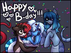 Size: 4050x3050 | Tagged: safe, artist:sadfloorlamp, derpibooru import, oc, oc:opal brona, oc:torsher, oc:triksa, ponified, unofficial characters only, hybrid, pony, absurd resolution, birthday, confetti, cute, eyebrows, eyes closed, female, gradient background, grin, happy birthday, hat, image, mare, nose piercing, ocbetes, party hat, piercing, plate, png, septum piercing, signature, smiling, snake tail, solo, tail, teeth