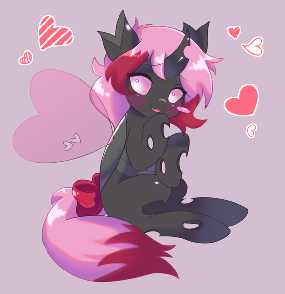 Size: 1400x1443 | Tagged: safe, artist:horseyuris, derpibooru import, oc, oc:heartstring fiddler, unofficial characters only, changeling, adorable face, bow, changeling oc, cute, hair bow, heart, heart wings, image, pink changeling, png, solo