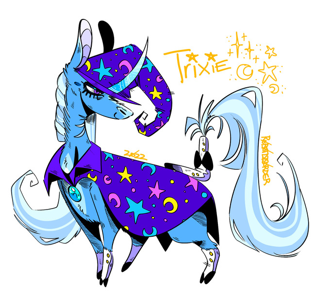 Size: 1566x1448 | Tagged: safe, artist:robotdisorder, derpibooru import, trixie, pony, unicorn, cape, clothes, curved horn, hat, horn, image, jpeg, solo, spats, trixie's cape, trixie's hat