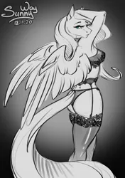 Size: 845x1200 | Tagged: suggestive, artist:sunny way, derpibooru import, fluttershy, anthro, pegasus, pony, art, artwork, back, bra, breasts, butt, clothes, cute, digital art, female, image, lace, lingerie, mare, my little pony, panties, patreon, patreon reward, pinup, png, socks, solo, stockings, thigh highs, underwear, wings