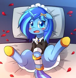 Size: 2908x2980 | Tagged: suggestive, alternate version, derpibooru import, oc, oc:starfeather, unofficial characters only, pony, unicorn, bed, bedroom, blushing, bondage, bottomless, bundle, butt, clitoris, clothes, cute, dock, embarrassed, embarrassed nude exposure, eyelashes, female, frog (hoof), high res, hoof shoes, image, maid, maid headdress, mare, no panties, nudity, partial nudity, plot, png, sexy, shy, skirt, socks, solo, solo female, stockings, tail, thigh highs, underhoof, uniform, upskirt