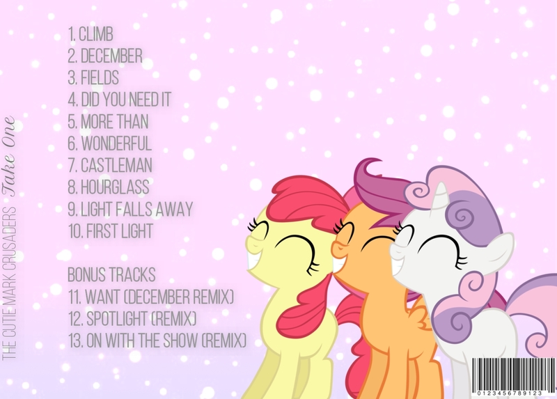 Size: 1507x1080 | Tagged: safe, alternate version, derpibooru import, edit, edited screencap, screencap, apple bloom, scootaloo, sweetie belle, tender taps, adam lambert, album, album cover, cover, cute, cutealoo, cutie mark, cutie mark crusaders, female, gritted teeth, image, jpeg, lip sync, male, scene, scenery, shipping, straight, teeth, tenderbloom, the cmc's cutie marks