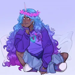 Size: 1440x1440 | Tagged: safe, artist:peachmichea, derpibooru import, izzy moonbow, human, clothes, dark skin, female, flower, flower in hair, g5, horn, humanized, image, jewelry, jpeg, leg warmers, shoes, sitting, solo, sweatshirt