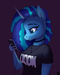 Size: 2000x2500 | Tagged: safe, artist:naen, derpibooru import, anthro, plantigrade anthro, pony, unicorn, g5, choker, clothes, doom, earbuds, female, image, mare, misty brightdawn, phone, png, shirt, simple background, smiling, solo, t-shirt