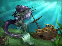 Size: 2000x1500 | Tagged: safe, artist:chvrchgrim, derpibooru import, oc, oc:nixie, kelpie, monster pony, pony, black sclera, detailed background, ear fins, female, fins, fish tail, image, looking up, mermaid tail, ocean, pirate ship, png, purple hair, sea monster, sharp teeth, shipwreck, solo, tail, teeth, underwater, water, wet, wet mane