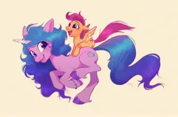 Size: 3786x2495 | Tagged: safe, artist:imalou, derpibooru import, izzy moonbow, scootaloo, pegasus, pony, unicorn, bracelet, commission, cute, cutealoo, duo, duo female, female, filly, foal, friendship bracelet, g4, g5, image, izzybetes, jewelry, jpeg, mare, open mouth, open smile, ponies riding ponies, riding, running, scootaloo riding izzy moonbow, simple background, smiling, spread wings, unshorn fetlocks, weapons-grade cute, wholesome, wings
