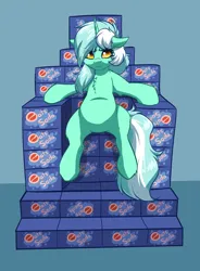 Size: 2616x3560 | Tagged: safe, artist:witchtaunter, derpibooru import, lyra heartstrings, pony, unicorn, box, chest fluff, commission, drink, ear fluff, female, floppy ears, image, l.u.l.s., looking at you, meme, png, simple background, sitting, sitting lyra, soda, solo, throne