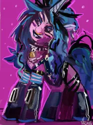 Size: 767x1024 | Tagged: safe, artist:turbinedivinity, derpibooru import, izzy moonbow, unicorn, alternate hairstyle, belts, boots, choker, clothes, collar, ear piercing, earring, eyeshadow, face paint, g5, goth, goth izzy, harness, head tilt, image, jewelry, leather, lipstick, lock, looking offscreen, makeup, nose piercing, nose ring, padlock, piercing, png, punk, shoes, spiked choker, tack