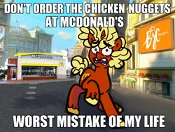 Size: 2000x1500 | Tagged: safe, artist:beejoco, derpibooru import, oc, oc:mcpony, unofficial characters only, pony, caption, city, image, image macro, impact font, jpeg, male, mcdonald's, solo, terrified, text