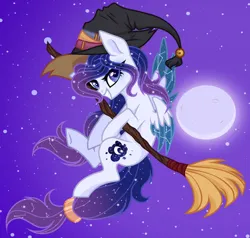 Size: 600x570 | Tagged: safe, artist:existencecosmos188, derpibooru import, oc, unofficial characters only, pegasus, pony, broom, constellation, ethereal mane, female, flying, flying broomstick, full moon, grin, hat, image, jpeg, mare, moon, smiling, solo, starry mane, witch hat