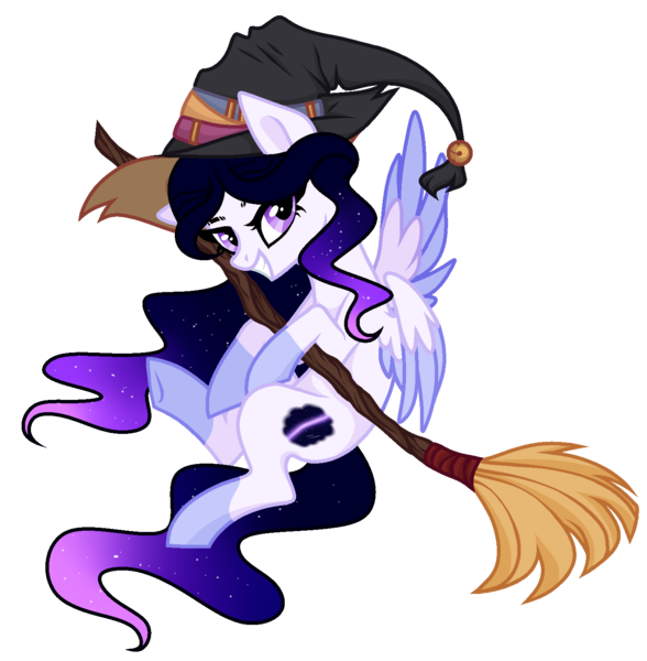 Size: 1466x1496 | Tagged: safe, artist:existencecosmos188, derpibooru import, oc, unofficial characters only, pegasus, pony, broom, colored wings, commission, ethereal mane, female, flying, flying broomstick, hat, image, mare, png, solo, starry mane, two toned wings, wings, witch hat, ych result