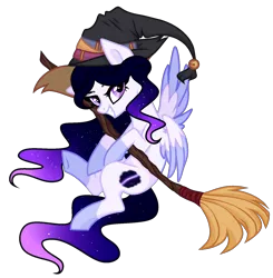 Size: 1466x1496 | Tagged: safe, artist:existencecosmos188, derpibooru import, oc, unofficial characters only, pegasus, pony, broom, colored wings, commission, ethereal mane, female, flying, flying broomstick, hat, image, mare, png, solo, starry mane, two toned wings, wings, witch hat, ych result