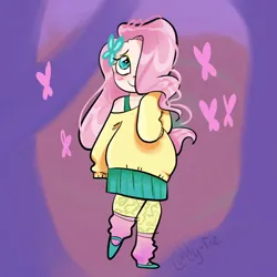 Size: 640x640 | Tagged: safe, artist:carconutty, derpibooru import, fluttershy, human, blushing, bra, bra strap, clothes, cute, female, flats, hair over one eye, humanized, image, leg warmers, leggings, png, shoes, shyabetes, skirt, solo, sweater, sweatershy, underwear