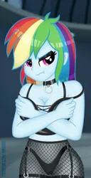 Size: 565x1100 | Tagged: suggestive, alternate version, artist:jennieoo, derpibooru import, rainbow dash, equestria girls, angry, breast grab, breasts, cameltoe, collar, eyeshadow, garter straps, garters, grope, image, latex, latex panties, makeup, png, rubber, show accurate, show accurate porn, solo, tights, vector