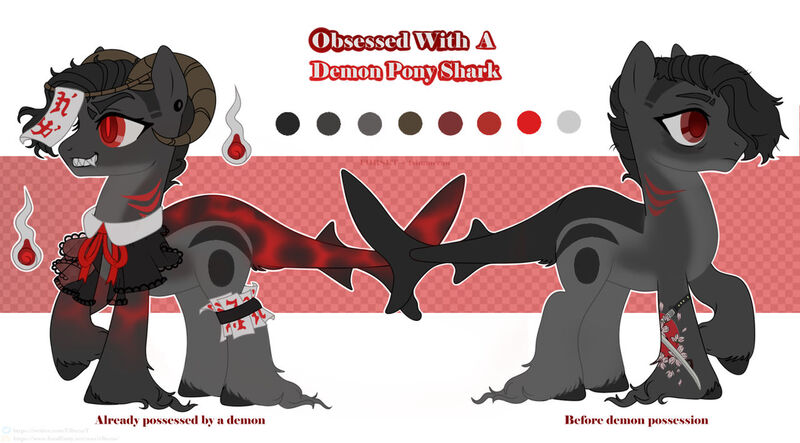 Size: 1280x708 | Tagged: safe, artist:elberas, derpibooru import, oc, unofficial characters only, demon, demon pony, original species, pony, shark, shark pony, clothes, duo, image, jpeg, raised hoof, reference sheet