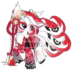 Size: 1158x1118 | Tagged: safe, artist:kawaiighetto, derpibooru import, oc, unofficial characters only, original species, pony, braid, clothes, female, flower, flower in hair, image, kimono (clothing), kitsune, kitsune pony, mare, png, simple background, smiling, solo, transparent background