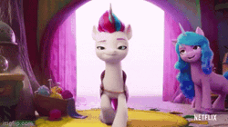 Size: 360x202 | Tagged: safe, derpibooru import, edit, edited screencap, screencap, izzy moonbow, zipp storm, pegasus, pony, unicorn, my little pony: a new generation, spoiler:my little pony: a new generation, animated, bracelet, cloak, clothes, curtains, cute, dancing, duo, fake horn, female, fit right in (g5), g5, gif, happy, image, imgflip, izzybetes, jewelry, logo, long hair, looking at you, mare, netflix, netflix logo, reversed, singing, smiling, smirk, smug, song, wobbling, yarn