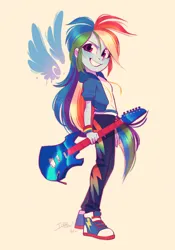 Size: 1341x1920 | Tagged: safe, artist:imalou, derpibooru import, rainbow dash, human, equestria girls, commission, electric guitar, female, guitar, image, jpeg, musical instrument, simple background, smiling, solo