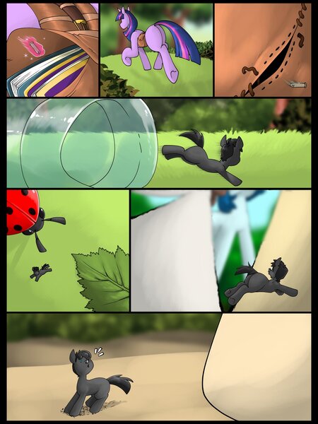 Size: 1536x2048 | Tagged: safe, artist:elcaballooscuro, derpibooru import, twilight sparkle, insect, ladybug, pony, unicorn, comic, hooves, image, jpeg, macro, micro, shrunken pony, size difference, test tube