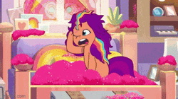 Size: 360x202 | Tagged: safe, derpibooru import, edit, edited screencap, screencap, izzy moonbow, sunny starscout, zipp storm, alicorn, earth pony, pony, unicorn, my little pony: tell your tale, spoiler:g5, spoiler:my little pony: tell your tale, spoiler:tyts01e14, alicorn issues, alicornified, animated, bed, bed mane, bedroom, blanket, g5, gif, glitter, image, lying down, messy mane, missing accessory, pillow, race swap, reversed, scared, shocked, shocked expression, sleeping, sleepy, split screen, surprised, trio, two sides
