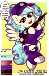 Size: 2695x4165 | Tagged: safe, artist:kyokimute, derpibooru import, oc, oc:spring aether, unofficial characters only, pegasus, pony, cap, clothes, female, gun, hat, image, looking at you, mare, png, reference sheet, solo, speech bubble, spread wings, uniform, weapon, wings