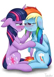 Size: 2480x3507 | Tagged: safe, artist:twidasher, derpibooru import, rainbow dash, twilight sparkle, pegasus, pony, unicorn, blushing, crying, feather, female, floppy ears, holding hooves, image, lesbian, looking at each other, looking at someone, png, shipping, signature, simple background, sitting, twidash, unicorn twilight, white background