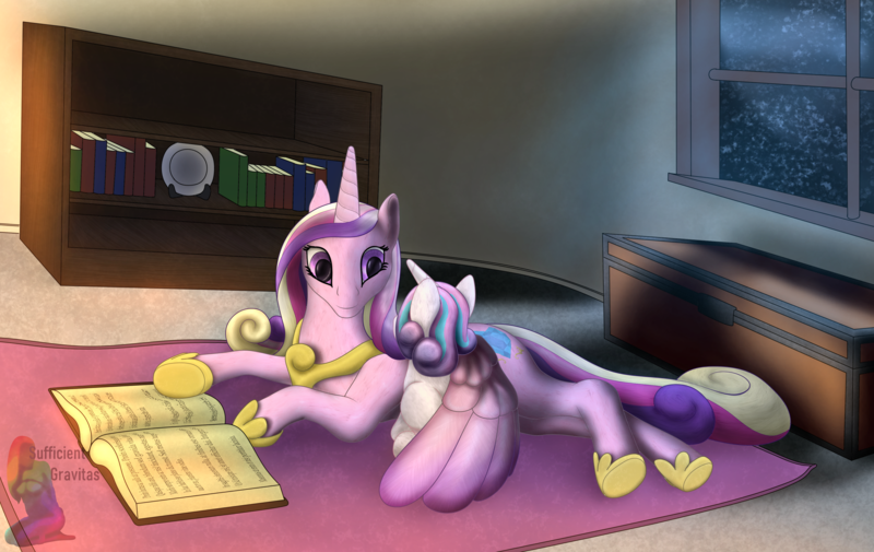 Size: 3425x2160 | Tagged: suggestive, artist:sufficientgravitas, derpibooru import, princess cadance, princess flurry heart, alicorn, human, pony, absurd resolution, bondage, book, female, high res, hug, image, indoors, kneeling, lying down, night, obtrusive watermark, png, reading, relaxing, sitting, watermark, winghug, wings