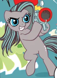 Size: 309x425 | Tagged: safe, derpibooru import, idw, marine sandwich, spoiler:comic, spoiler:comicff01, blue eyes, evil grin, gray coat, grin, image, midair, multicolored mane, multicolored tail, png, smiling, tail