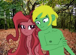 Size: 585x427 | Tagged: artist needed, suggestive, derpibooru import, oc, oc:mezma, oc:northbridge, siren, equestria girls, adam and eve, background, covering, covering breasts, garden of eden, godiva hair, image, nudity, photo, png, strategically covered, tree