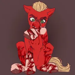 Size: 719x720 | Tagged: artist needed, grimdark, derpibooru import, sprout cloverleaf, earth pony, pony, my little pony: a new generation, biting, bleeding, blonde, blonde hair, blonde mane, blonde tail, blood, coat markings, colored hooves, commission, crying, floppy ears, g5, gradient background, green eyes, hooves, image, injured, male, mutilation, png, raised hoof, red fur, self harm, simple background, sitting, socks (coat marking), solo, stallion, tail, tears of pain, wavy hair, wavy mane, wavy tail