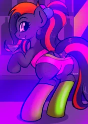 Size: 3273x4631 | Tagged: suggestive, artist:kyokimute, derpibooru import, oc, oc:nitelight, unofficial characters only, earth pony, pony, alcohol, butt, clothes, cocktail, dock, dock piercing, drink, female, hair accessory, image, looking at you, looking back, looking back at you, mare, nightclub, panties, piercing, plot, png, rear view, smiling, smiling at you, socks, solo, stockings, tail, tail piercing, thigh highs, underwear