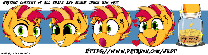Size: 8326x2211 | Tagged: safe, artist:kyokimute, derpibooru import, oc, oc:jest, earth pony, pony, :o, advertisement, bits, dilated pupils, ear piercing, emotes, evil grin, expressions, floating heart, grin, happy, heart, image, male, open mouth, patreon, piercing, png, smiling, solo, sparkly eyes, stallion, sticker set, text, tip jar, wingding eyes