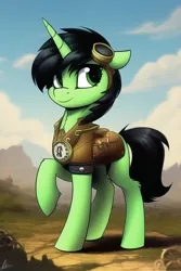 Size: 512x768 | Tagged: safe, derpibooru import, machine learning generated, oc, oc:anonfilly, pony, unicorn, female, filly, foal, goggles, goggles on head, image, png, steampunk