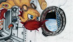Size: 2863x1675 | Tagged: safe, artist:myzanil, derpibooru import, oc, oc:blazing beams, unofficial characters only, earth pony, pony, colored pencil drawing, floating, goggles, image, jpeg, orbit, raised hoof, solar panel, space, space station, traditional art, uncomfortable, upside down relative to viewer, window, zero gravity