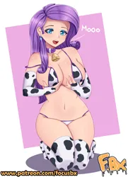 Size: 2480x3425 | Tagged: suggestive, artist:focusb, derpibooru import, rarity, human, bell, bell collar, big breasts, bikini, bikini bottom, bikini top, breast hold, breasts, busty rarity, cleavage, clothes, collar, cowbell, cowkini, cowprint, ear piercing, earring, evening gloves, eyeshadow, female, gloves, humanized, image, jewelry, jpeg, kneeling, long gloves, looking at you, makeup, moo, open mouth, piercing, solo, solo female, string bikini, swimsuit