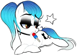 Size: 1201x860 | Tagged: safe, artist:conflei, derpibooru import, oc, unofficial characters only, earth pony, pony, bedroom eyes, choker, earth pony oc, food, image, lying down, png, popsicle, prone, simple background, solo, transparent background