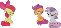 Size: 1307x612 | Tagged: safe, artist:pascalmulokozi2, derpibooru import, edit, edited screencap, screencap, apple bloom, scootaloo, sweetie belle, earth pony, pony, unicorn, growing up is hard to do, background removed, cutie mark crusaders, depressed, eyes closed, female, filly, floppy ears, foal, image, not a vector, png, sad, simple background, transparent background, trio, trio female